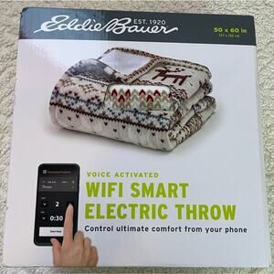 EDDIE BAUER SMART HEATED ELECTRIC THROW BLANKET WI-FI ENABLED FAIR ISLE SILVER